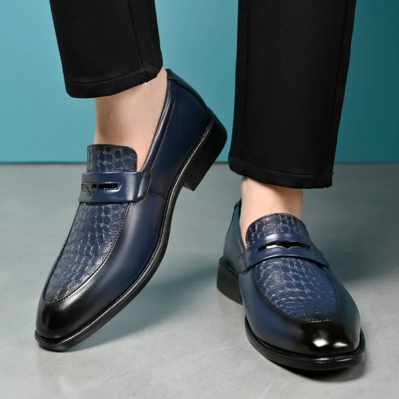 Elegant Croc Embossed Penny Loafers for Women with Pointed Toe Slip On Block Heel Formal Style