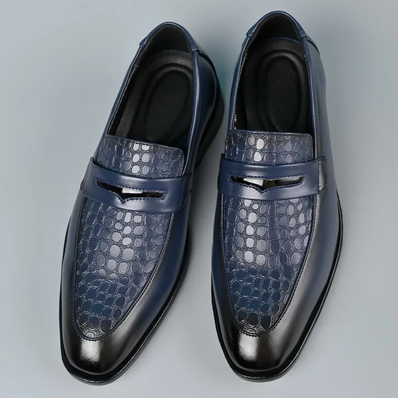 Elegant Croc Embossed Penny Loafers for Women with Pointed Toe Slip On Block Heel Formal Style