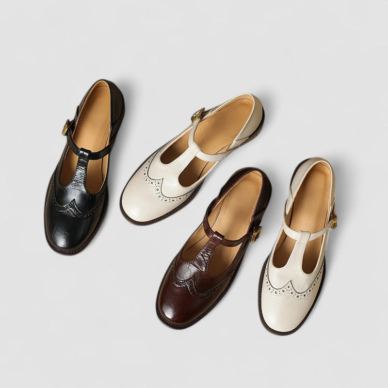 Stylish Leather T Strap Oxford for Women with Wingtip Brogue Buckle Low Block Heel Style