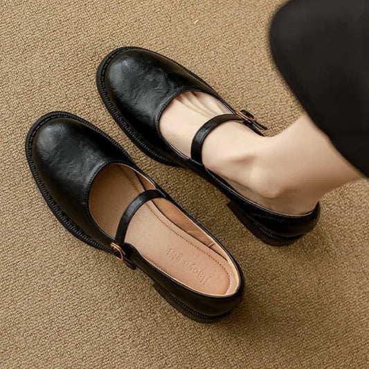 Elegant Leather Mary Jane Shoes for Women with Round Toe Buckle Strap Block Heel Vintage Style