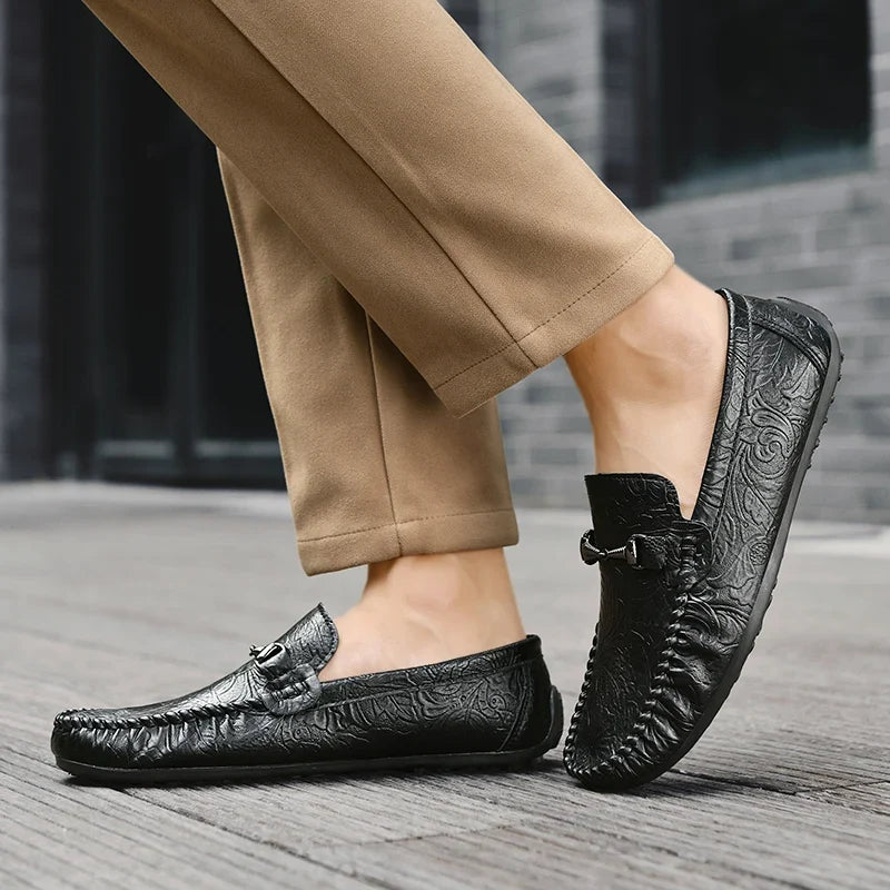 Stylish Embossed Leather Loafers for Women with Horsebit Buckle Stitched Apron Toe Driving Style