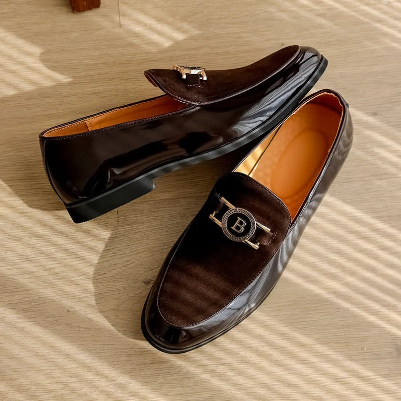 Elegant Suede Loafer for Women with Metallic Buckle Slip-On Patent Cap Toe Formal Style