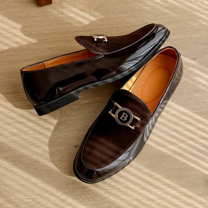 Elegant Suede Loafer for Women with Metallic Buckle Slip-On Patent Cap Toe Formal Style