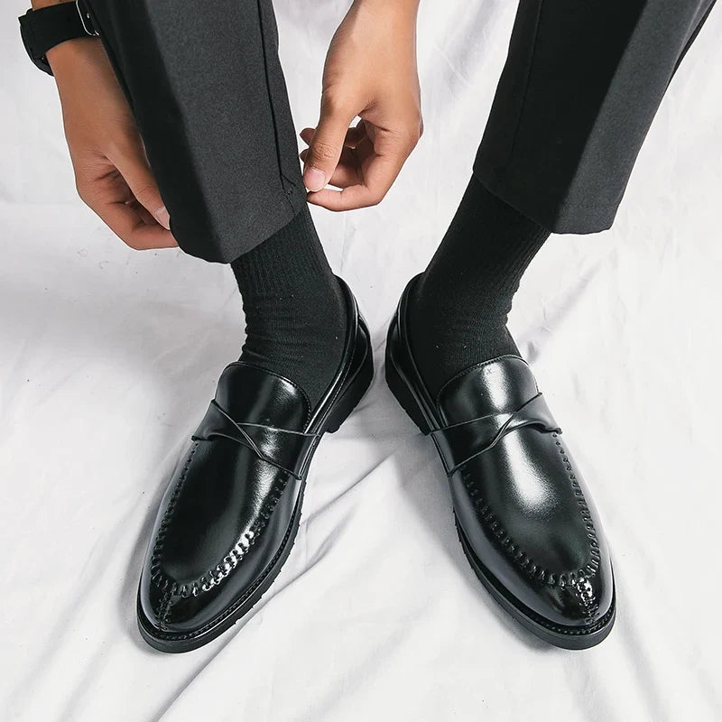 Elegant Leather Penny Loafers for Women with Crisscross Strap Stitched Toe Casual Style