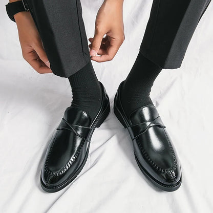 Elegant Leather Penny Loafers for Women with Crisscross Strap Stitched Toe Casual Style