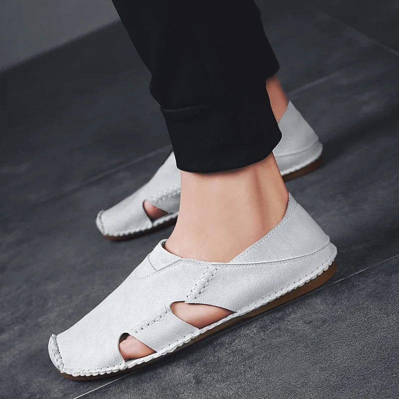 Effortless Leather Cutout Sandal for Women with Round Toe Slip On Hand Stitched Casual Style