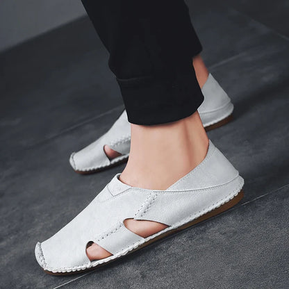 Effortless Leather Cutout Sandal for Women with Round Toe Slip On Hand Stitched Casual Style