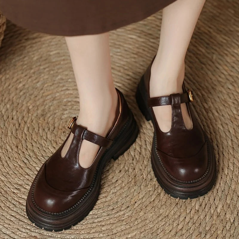 Stylish Leather Mary Jane Shoes for Women with T Strap Buckle Chunky Platform Style