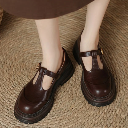 Stylish Leather Mary Jane Shoes for Women with T Strap Buckle Chunky Platform Style