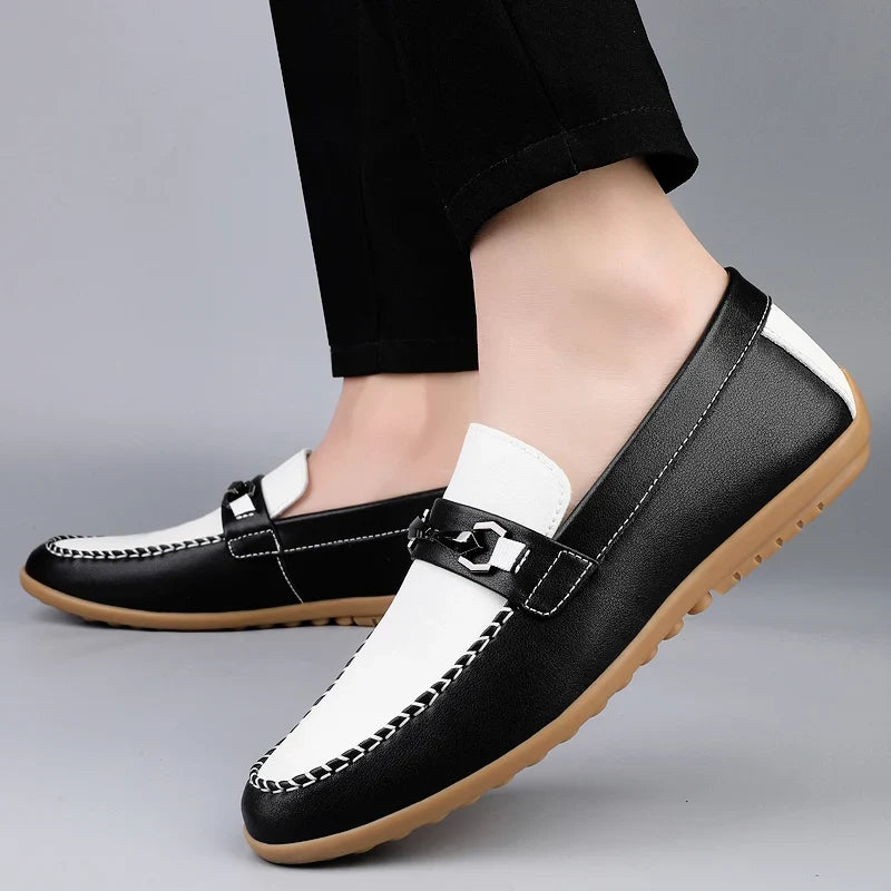 Effortless Leather Loafers for Women with Chain Buckle Contrast Stitch Rubber Sole Casual Style