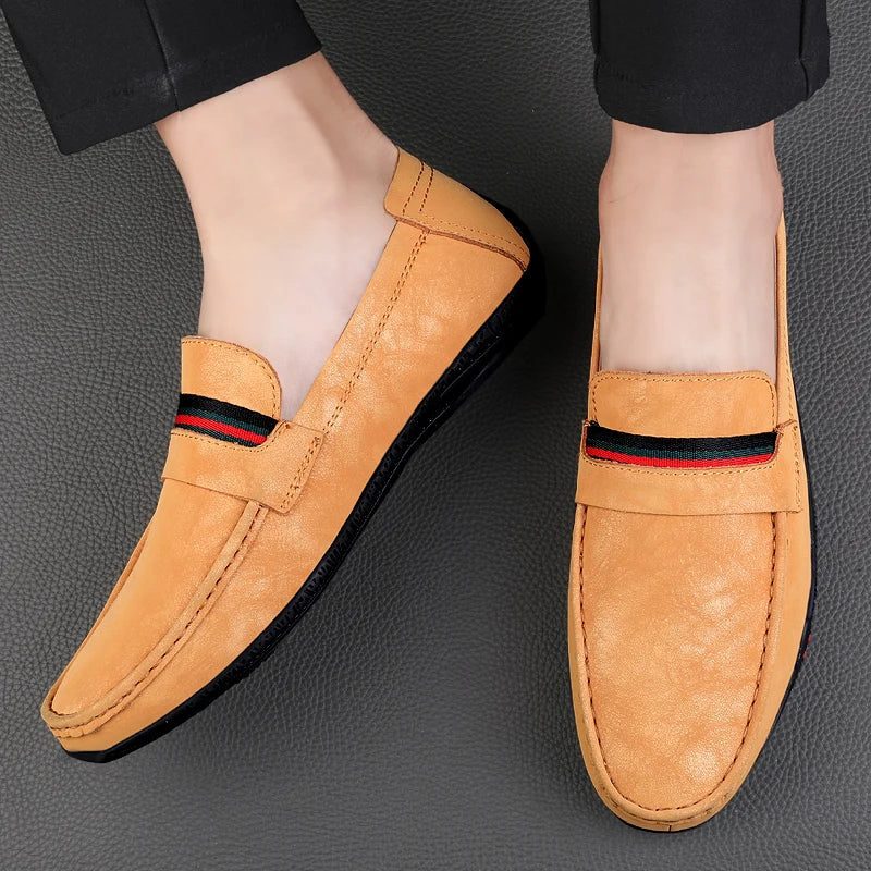 Comfortable Suede Driving Loafer for Women with Striped Ribbon Trim Slip On Casual Style