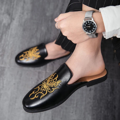 Stylish Embroidered Dragon Mule Loafer for Women with Backless Round Toe Slip On Style