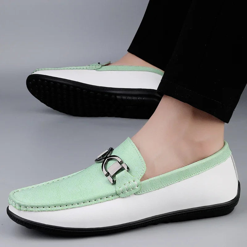 Stylish Leather Driving Loafer for Women with Slip-On Round Toe Metal Buckle Two Tone Casual Style