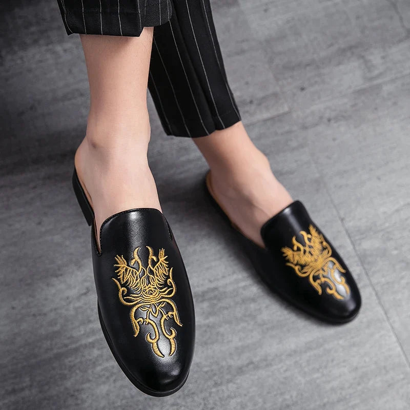 Stylish Embroidered Dragon Mule Loafer for Women with Backless Round Toe Slip On Style