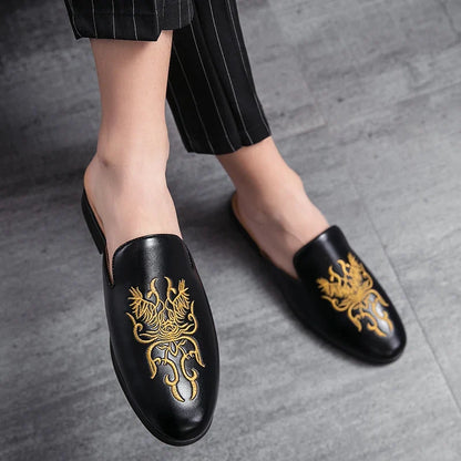 Stylish Embroidered Dragon Mule Loafer for Women with Backless Round Toe Slip On Style