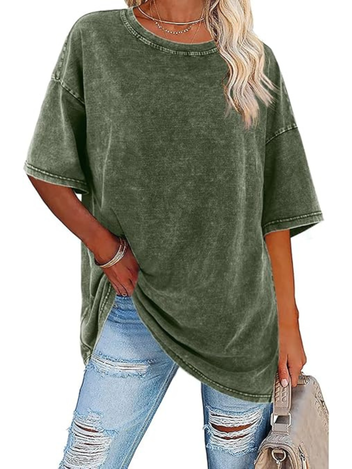 Comfortable Washed Cotton Tunic Top for Women with Crew Neck Short Sleeve Curved Hem Oversized Casual Style