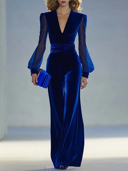 Elegant Velvet Jumpsuit for Women with V Neck Bishop Sleeve Wide Leg Formal Style