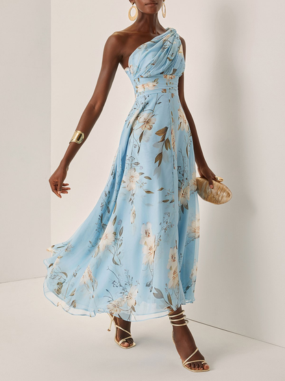 Elegant Light Blue Floral Maxi Dress for Women with One Shoulder Draped Ruched Flowing Wedding Guest Style