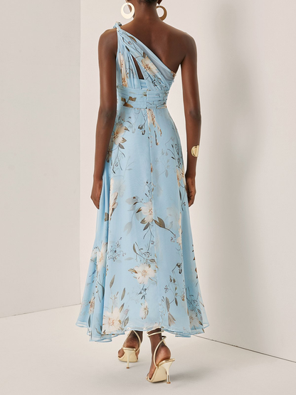 Elegant Light Blue Floral Maxi Dress for Women with One Shoulder Draped Ruched Flowing Wedding Guest Style