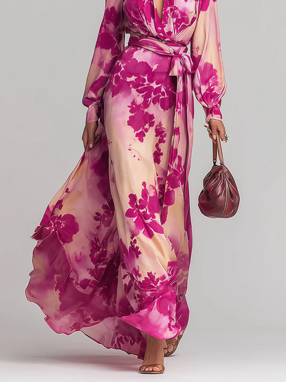 Elegant Rose Red Floral Maxi Dress for Women with V Neck Balloon Sleeve Wrap Belted Flowing Style