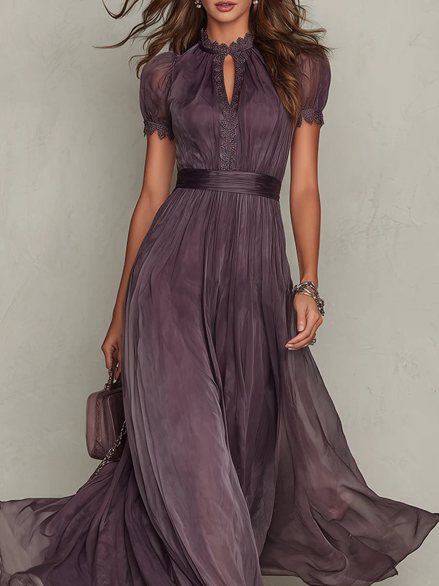 Elegant Chiffon Maxi Dress for Women with High Neck Keyhole Puff Sleeve Flowing Style