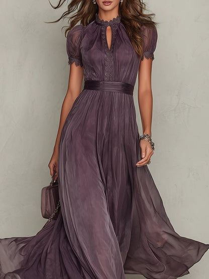 Elegant Chiffon Maxi Dress for Women with High Neck Keyhole Puff Sleeve Flowing Style