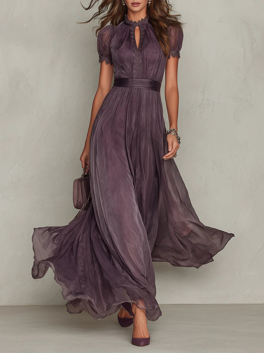 Elegant Chiffon Maxi Dress for Women with High Neck Keyhole Puff Sleeve Flowing Style