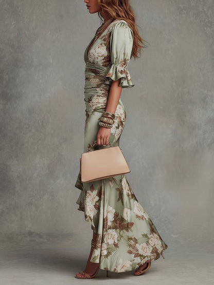 Effortless Floral Maxi Dress for Women with V Neck Flutter Sleeve Ruched High Slit Ruffle Hem