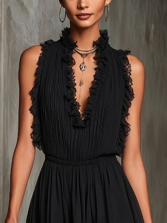 Elegant Black Lace Romper for Women with High Neck Sleeveless Ruffle Trim Flowing Style