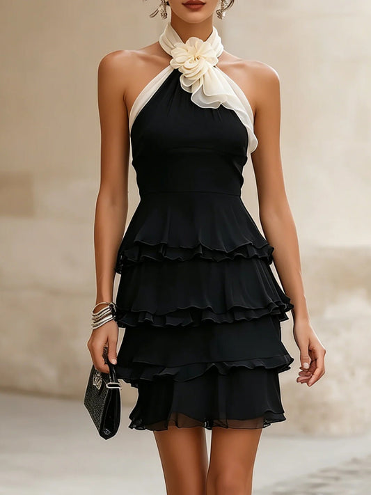 Elegant Black Mini Dress for Women with Halter Neck Contrast Rosette Tiered Ruffle Cocktail Style