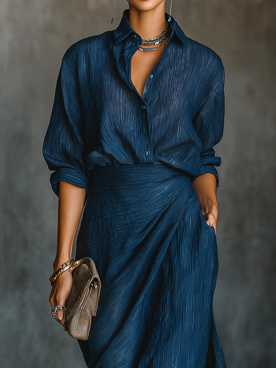 Elegant Dark Blue Textured Two Piece Set for Women with Collar Long Sleeve Wrap Maxi Skirt High Slit Style