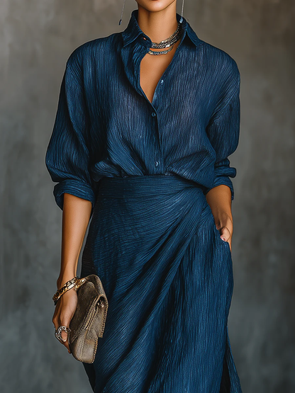 Elegant Dark Blue Textured Two Piece Set for Women with Collar Long Sleeve Wrap Maxi Skirt High Slit Style