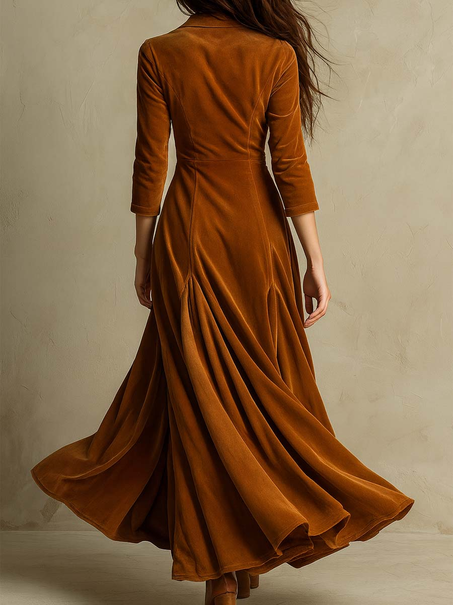 Elegant Velvet Maxi Dress for Women with Notch Collar Three Quarter Sleeve Button Front Flowing Vintage Style