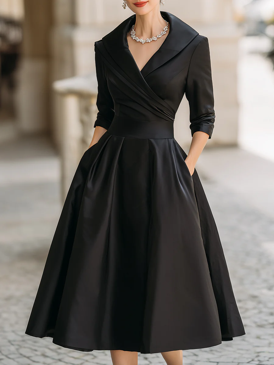 Elegant Satin Midi Dress for Women with Wrap V Neck Elbow Sleeve Pleated A Line Cocktail Style