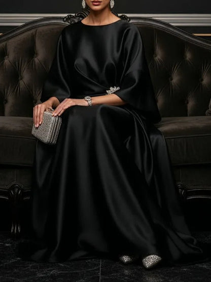 Elegant Satin Maxi Dress for Women with Boat Neck Bell Sleeve Draped Waist Formal Evening Style