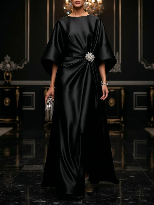 Elegant Satin Maxi Dress for Women with Boat Neck Bell Sleeve Draped Waist Formal Evening Style