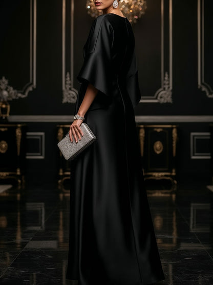 Elegant Satin Maxi Dress for Women with Boat Neck Bell Sleeve Draped Waist Formal Evening Style