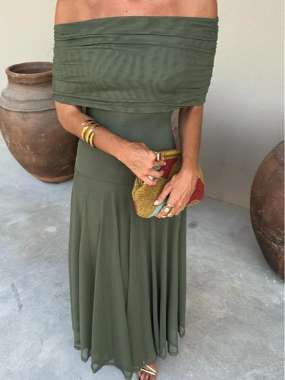 Elegant Mesh Maxi Dress for Women with Off Shoulder Ruched Sleeve Sheer Flowing Style