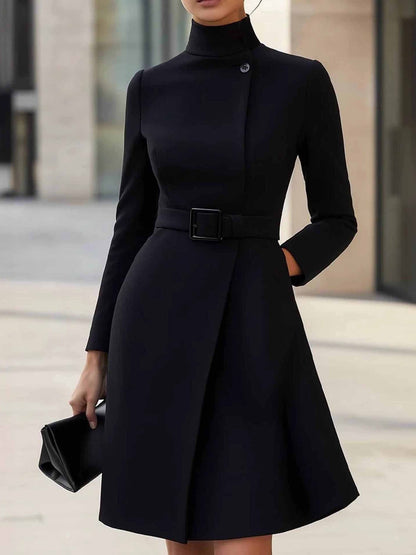 Elegant Wrap Dress for Women with Stand Collar Long Sleeve Belted A Line Style