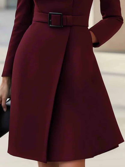 Elegant Wrap Dress for Women with Stand Collar Long Sleeve Belted A Line Style