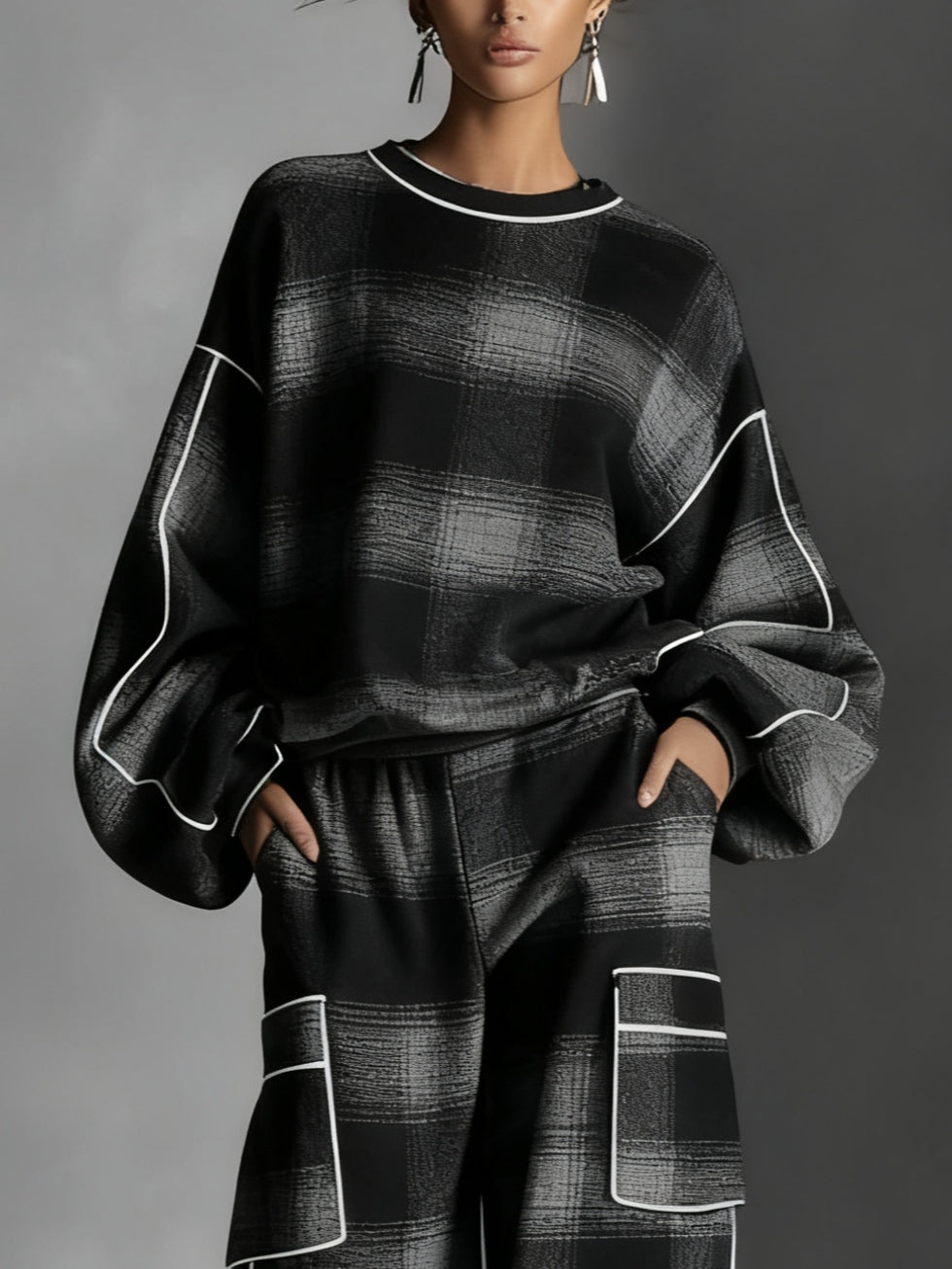 Effortless Black Gray Plaid Two Piece Set for Women with Crew Neck Balloon Sleeve Cargo Pocket Relaxed Style