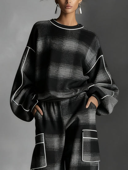 Effortless Black Gray Plaid Two Piece Set for Women with Crew Neck Balloon Sleeve Cargo Pocket Relaxed Style