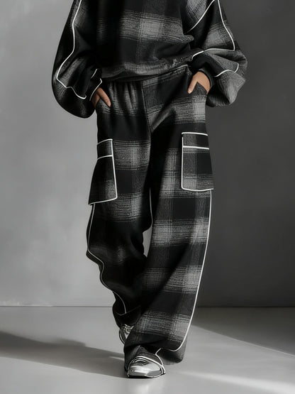 Effortless Black Gray Plaid Two Piece Set for Women with Crew Neck Balloon Sleeve Cargo Pocket Relaxed Style