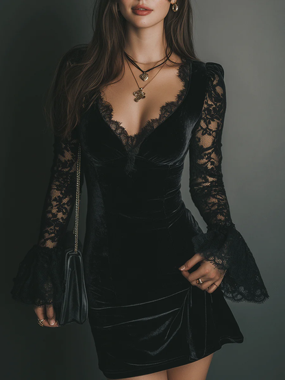 Elegant Black Velvet Mini Dress for Women with V Neck Lace Bell Sleeve Bodycon Cocktail Style