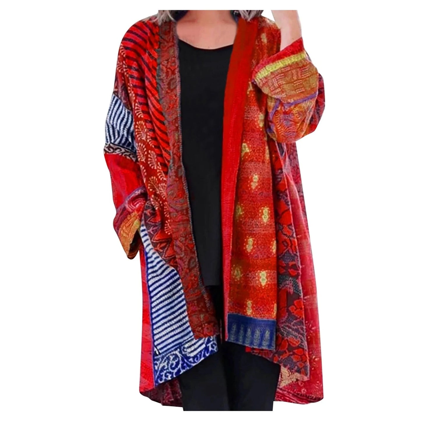 Effortless Patchwork Print Kimono Cardigan for Women with Open Front Long Sleeve Flowing Bohemian Style
