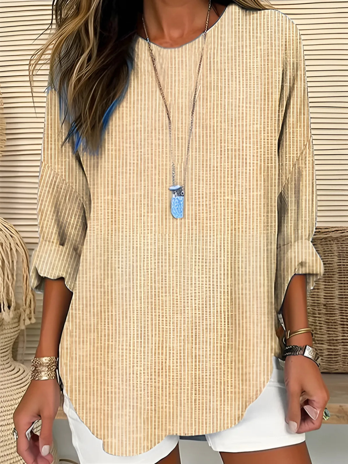 Effortless Striped Tunic Blouse for Women with Split Neck Bell Sleeve Curved Hem Relaxed Style