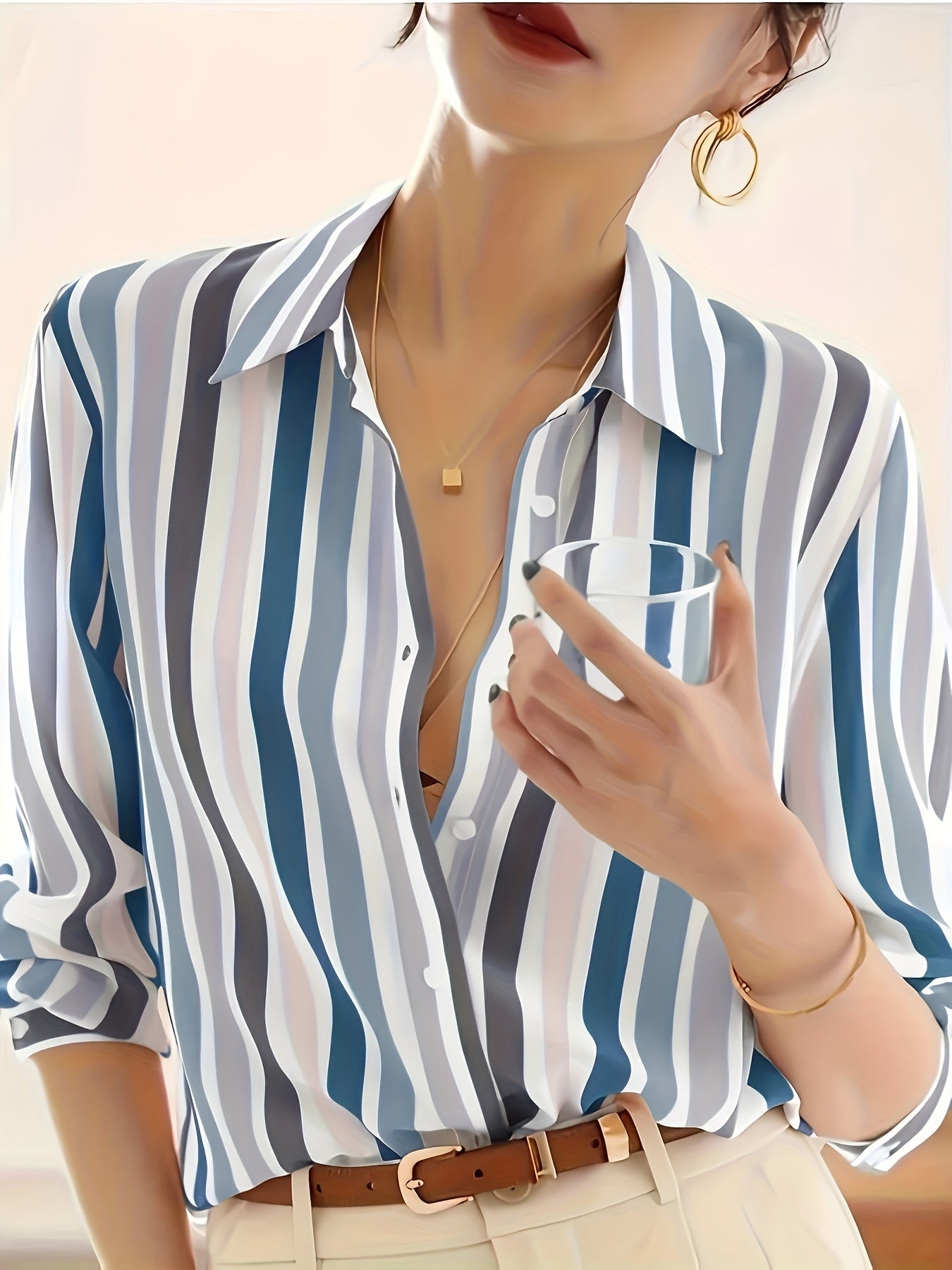 Effortless Striped Blouse for Women with Collar Long Sleeve Button Front Relaxed Style
