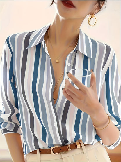 Effortless Striped Blouse for Women with Collar Long Sleeve Button Front Relaxed Style