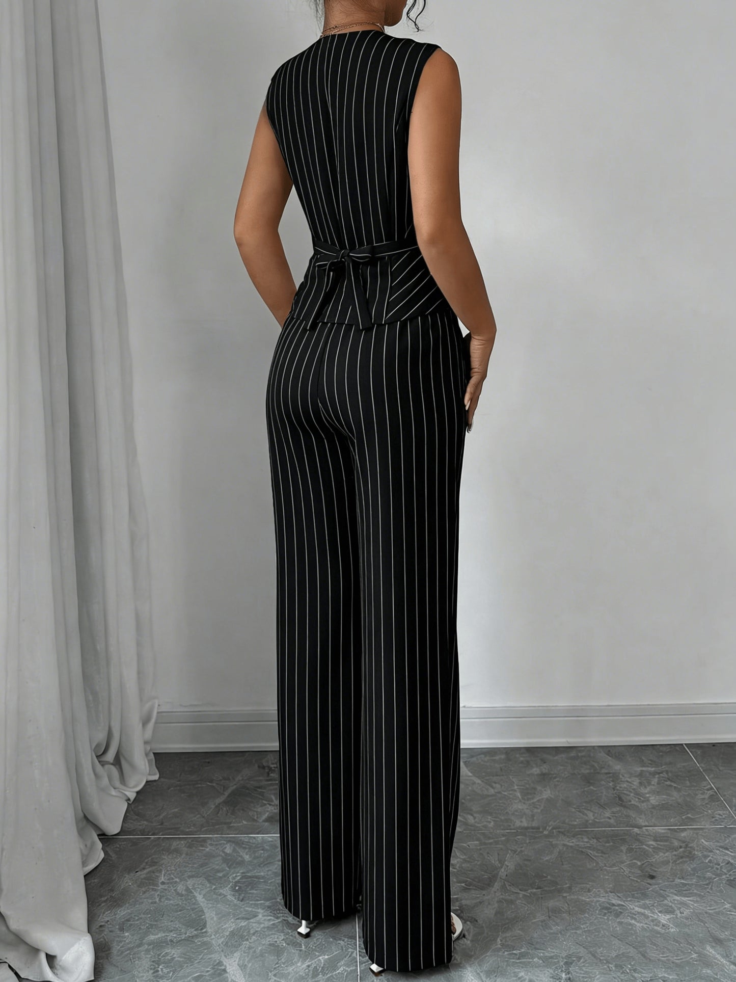 Elegant Grey Pinstripe Two Piece Set for Women with V Neck Button Front Vest Wide Leg Pant Formal Style