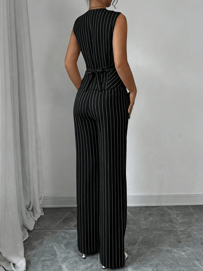Elegant Grey Pinstripe Two Piece Set for Women with V Neck Button Front Vest Wide Leg Pant Formal Style